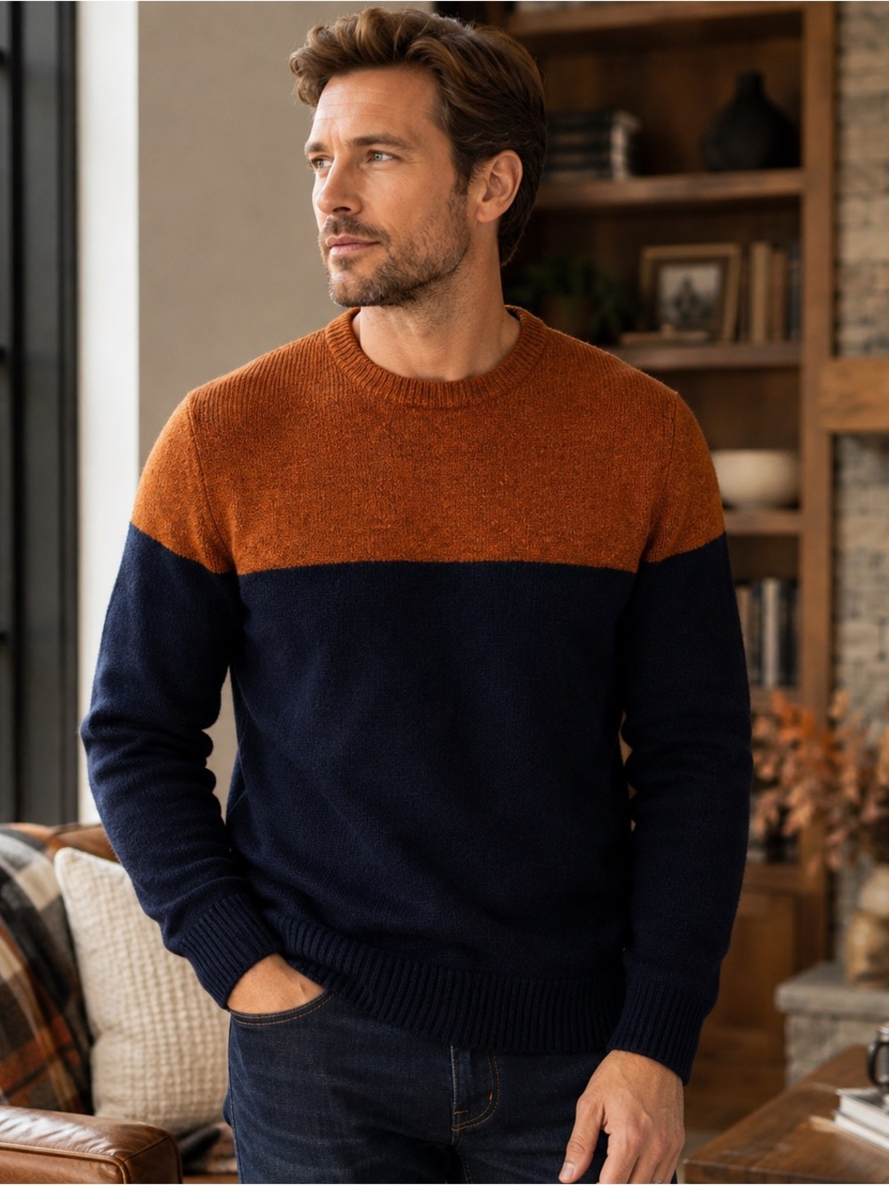 Goodfellow & Co Men’s Colorblock Crewneck Sweater Rust Navy NWT
